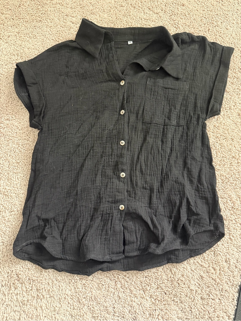 Black Button-Front Gauze Short-Sleeve Shirt